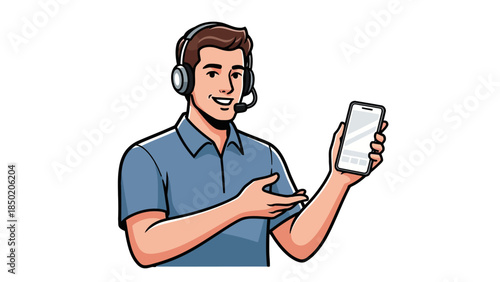 Smiling support agent wearing a headset holds a smartphone gesturing with the other hand