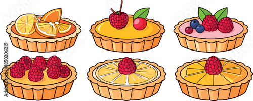 Delicious Assorted Fruit Tart Set with Raspberry Orange and Blueberry Toppings on Crispy Pastry Crust