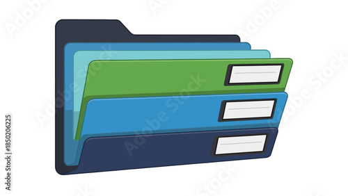 Stacked digital file folders in green blue and dark blue with white labels