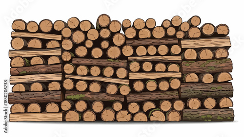 Stack of neatly organized split and round firewood logs against a white background