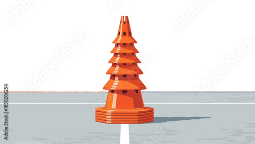 Stacked orange traffic cones forming a tiered tower on a gray surface