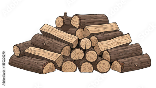Stacked pile of brown and tan split firewood logs against a white background