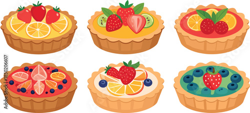 Set of Decorative Fruit Tarts with Strawberry Kiwi Orange and Blueberry Toppings on Creamy Custard