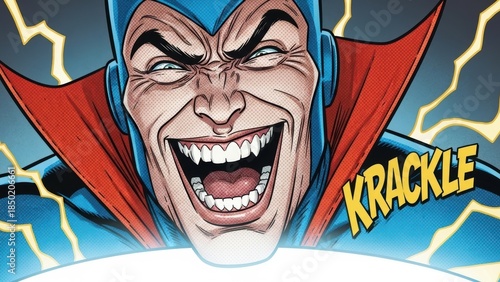 A comic book close-up of a laughing supervillain in a blue and red costume with lightning effects.