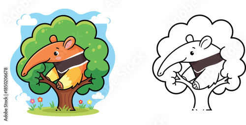 Cute Cartoon Tamandua Anteater Sitting on a Tree Branch in Sunny Meadow