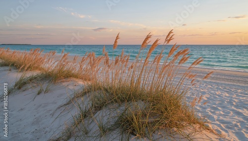 Beach landscape with golden sea oats by the ocean, ideal for summer vacation design elements