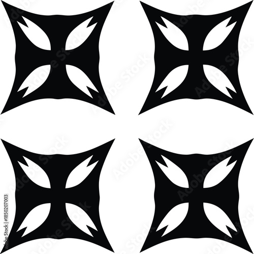 Four identical symmetrical black shapes arranged in a square pattern with internal white crosses