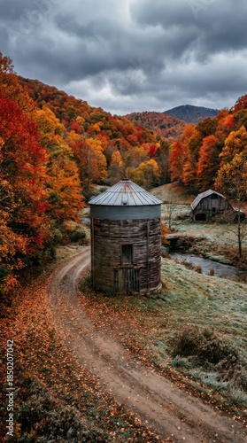 Rustic Autumn Landscape with Silo and Vibrant Fall Foliage