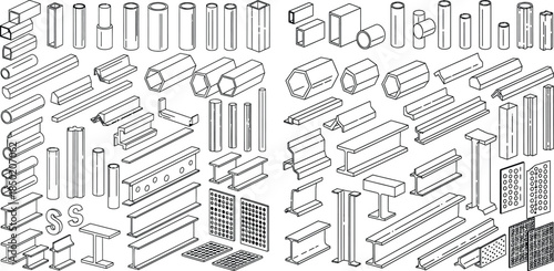 Collection of structural steel profiles in line art style, suitable for construction plans and illustrations