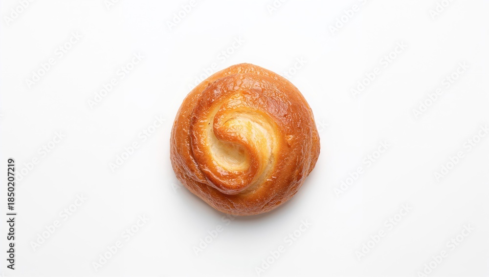 Fototapeta premium Sweet bun fresh from the oven, top-down perspective highlighting soft interior and glazed surface, ideal for food layout design