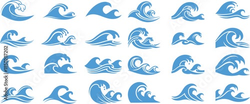 Collection of stylized water wave icons, ocean or sea design elements set for logos and graphics