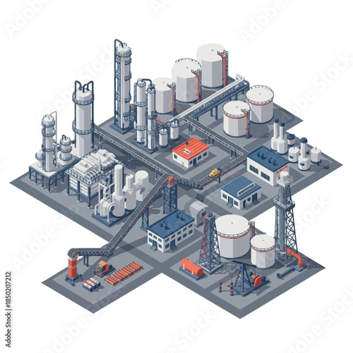 Isometric pixel art illustration of a large industrial oil refinery complex with storage tanks and processing units.