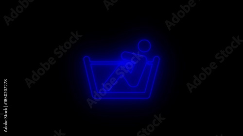 blue Neon Bathtub Icon with Man Relaxing Glowing Animation on Black Background