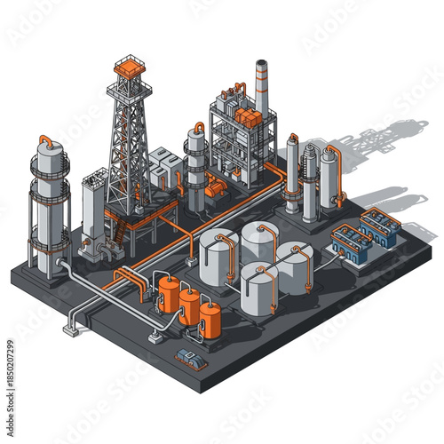 Isometric industrial oil refinery or chemical plant illustration with tanks and pipes.