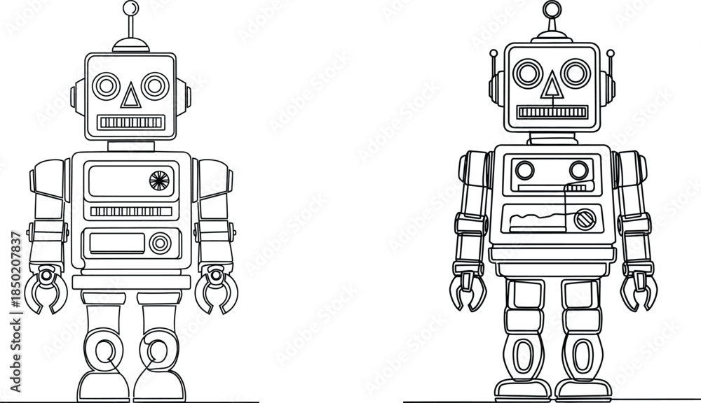 Naklejka premium Continuous line art robots with square heads, retro design, science fiction illustration