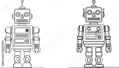 Continuous line art robots with square heads, retro design, science fiction illustration