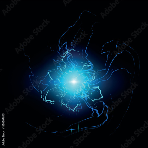 Neon blue lightning strike with a bright flash in the center, high-voltage voltage.