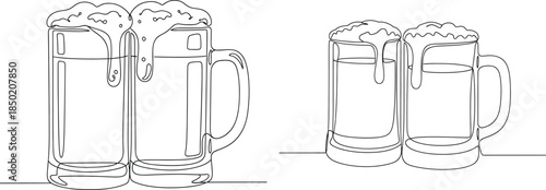 Continuous line drawing of beer mugs with foam, minimalist style, beer celebration