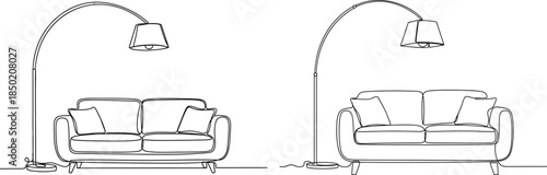 Continuous line drawing of sofa and lamp, living room furniture minimal design