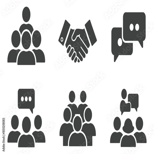 Set of six black and white vector icons representing community teamwork discussion communication handshake cooperation collaboration and group interaction