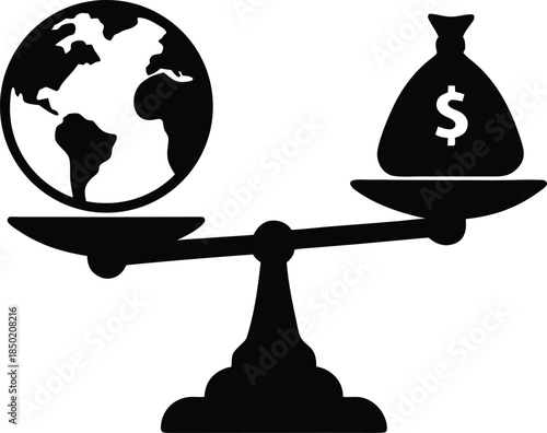 Global economics represented by Earth and money bag balanced on a weighing scale