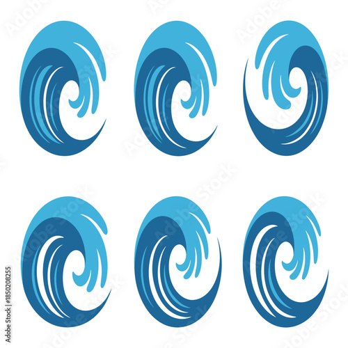 Set of six stylized ocean waves in varying shades of blue creating a dynamic and abstract water design perfect for nautical themes or liquid concepts