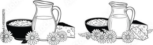 Cottage cheese bowl, milk pitcher, and cheese wedge outlined with daisies illustration