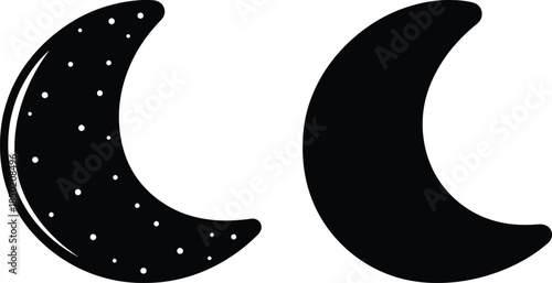Crescent moons icons, one detailed with dots, simple shapes for celestial projects
