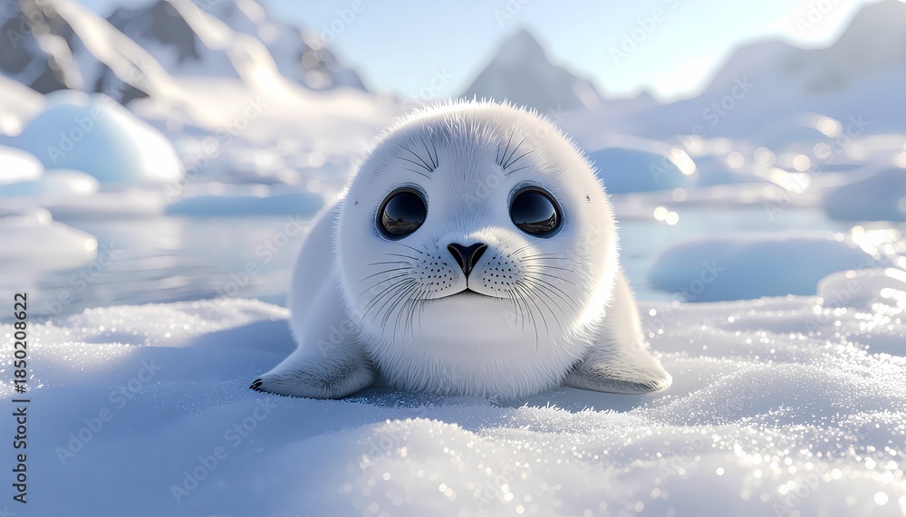 Obraz premium Adorable Baby Seal Resting on Snowy Arctic Ice Under Bright Sunlight