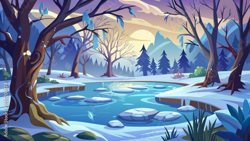 Winter landscape with frozen pond and trees