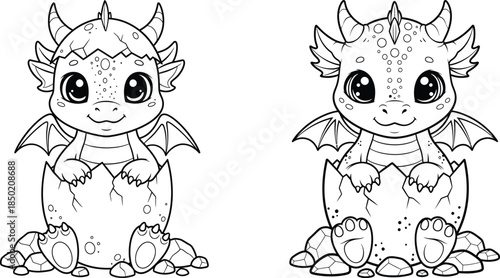 Cute hatching dragon in cracked egg illustration for coloring books or prints