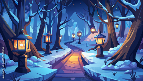 Winter forest path with glowing lanterns