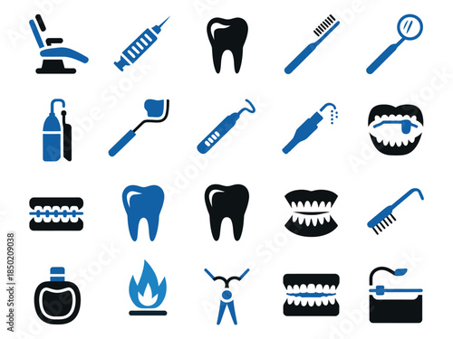 Vector icons of dental tools and symbols in blue and black, representing dental care and oral hygiene.