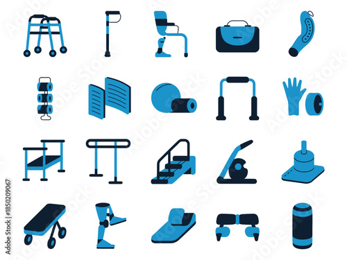A collection of physical therapy and rehabilitation equipment, including walkers, exercise tools, and supportive devices.