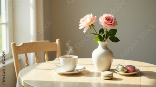 Wallpaper Mural Aromatic Coffee with Delicate Pink Roses and Sweet Macarons on a Sunny Table Torontodigital.ca