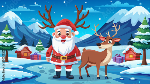 Santa and reindeer in winter wonderland