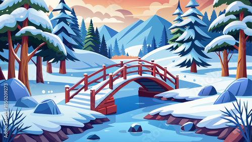 Winter landscape with bridge and snow trees