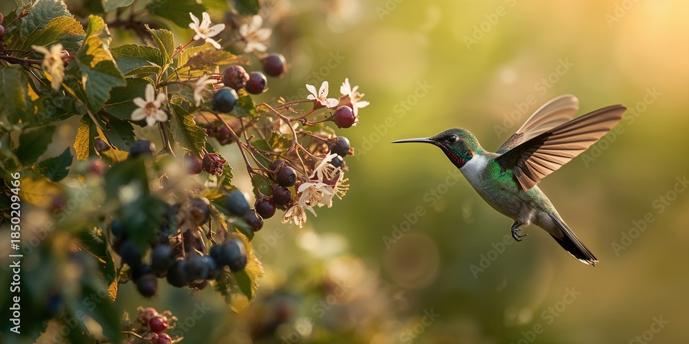 Obraz premium Berries in flowering season with a hummingbird near unripe aronia on a bright summer day, supporting bird feeding