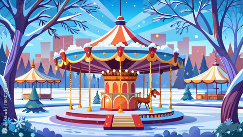 Carousel in a winter park with snow scene
