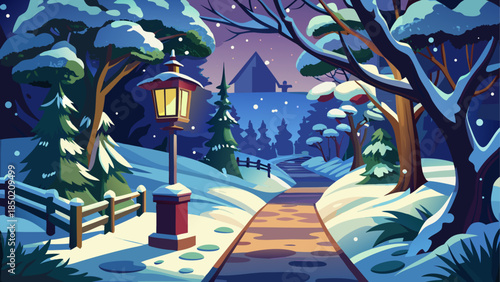 Snowy winter scene with path and lamppost
