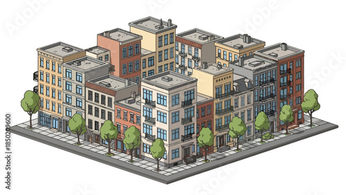 Isometric pixel art block of varied multistory city buildings with trees