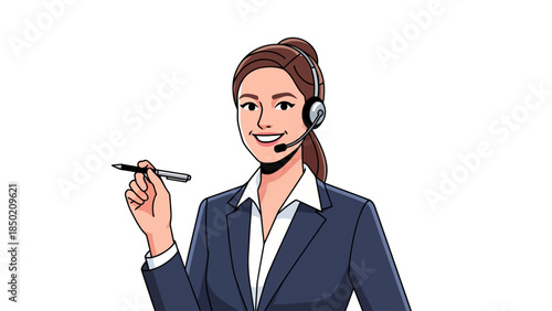 Female call center agent in a suit wearing a headset holding a pen