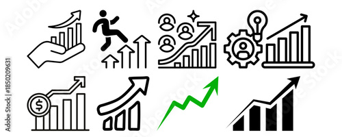 Set of growth and success icons bar charts with upward arrows, hand holding chart, person climbing, team performance, idea generation, financial increase, and line graph