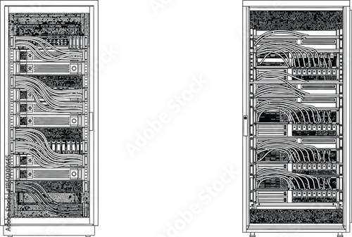 Detailed front view line art of two network server racks containing multiple wired servers