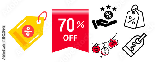 Diverse collection of discount and sale icons including price tags, percent offers, and promotional symbols