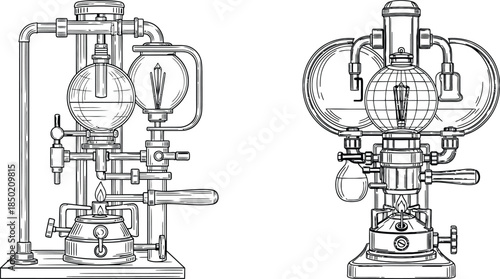 Detailed line art of two laboratory setups with sphere containers and heating elements