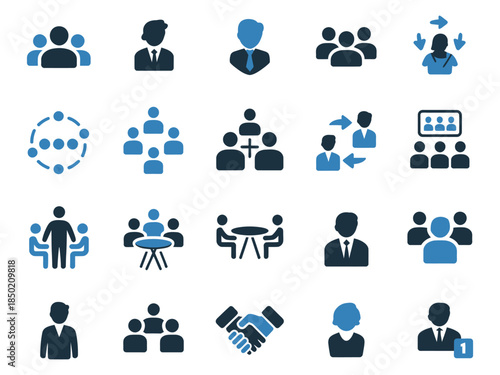 A collection of blue icons representing professional networking and teamwork.