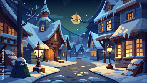Cartoon snowy town street at night scene