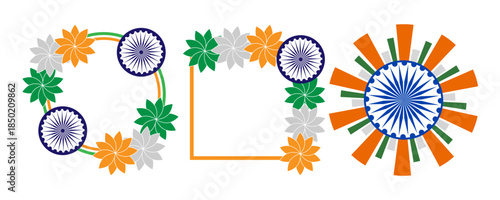 Decorative frames and sunburst motif featuring indian flag colors for national celebration