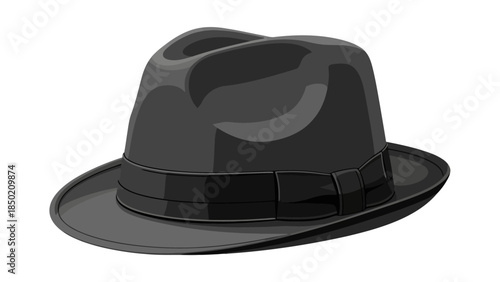 Gray fedora hat with a black band and bow isolated on white